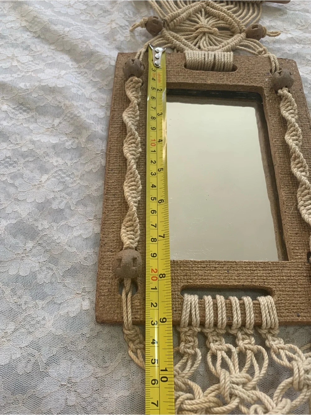 Vintage Boho Macrame Mirror Wall Hanging Textured Craft Frame & Tassels Decor